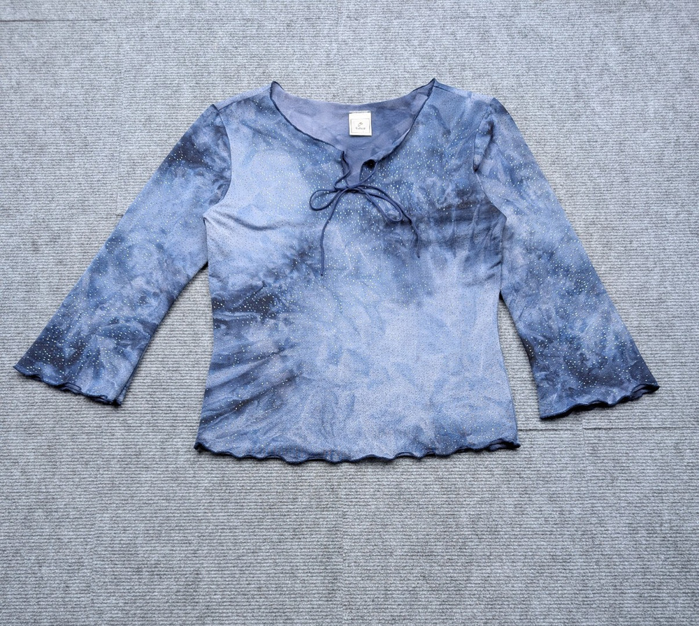 Vintage Blouse Womens Medium 90s Blue Tie Dye Sparkle Whimsigoth Y2K Fairy Top